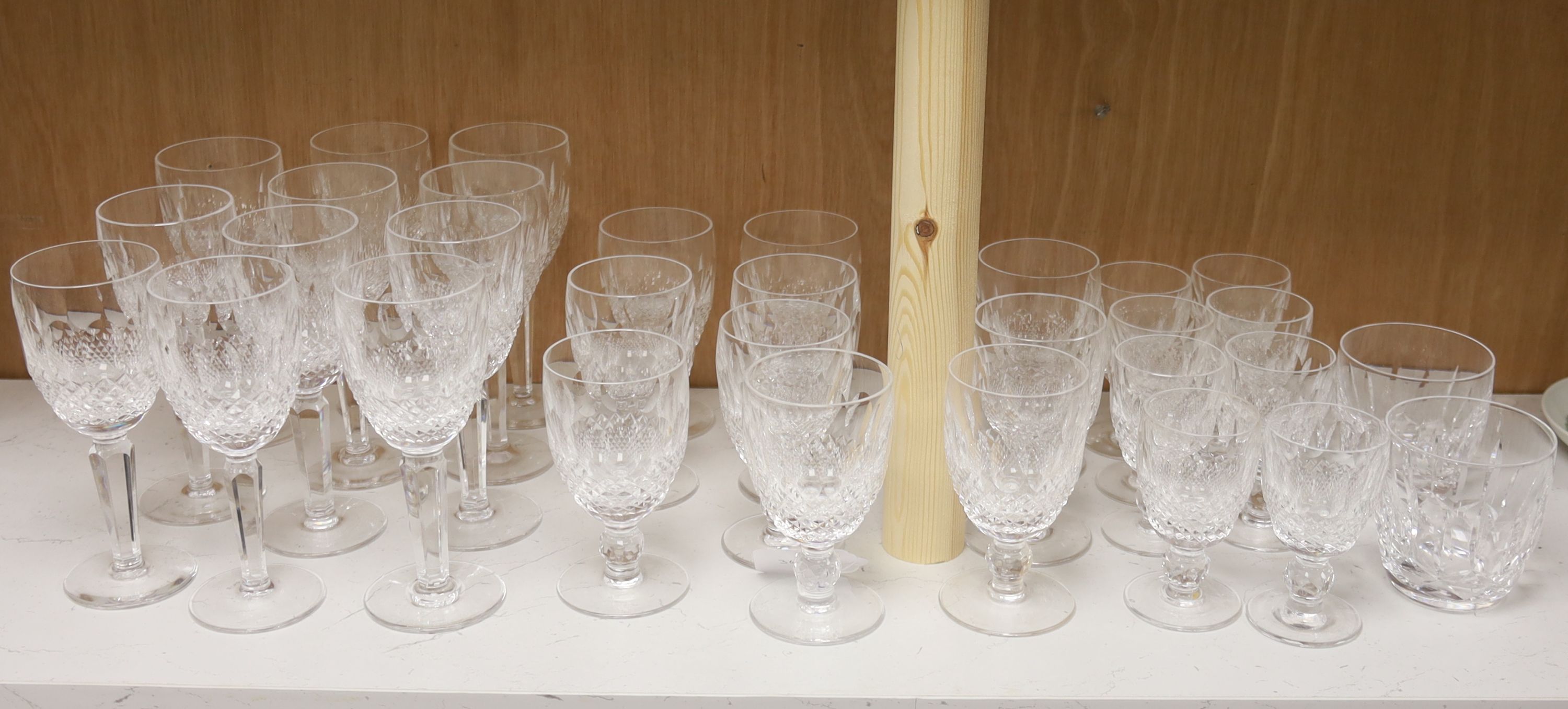 A collection of Waterford Colleen cut glasses and port glasses and two Lismore cut tumblers